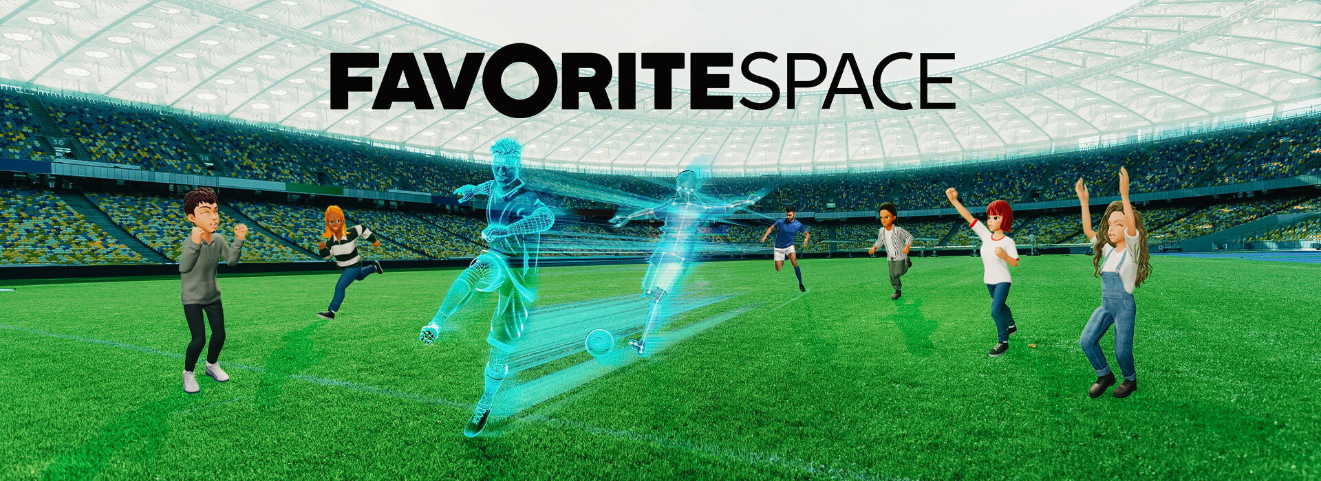 In a virtual soccer field, a real soccer player, a digitized player, and a 3D modeled player are lined up, surrounded by multiple avatars cheering as they please.“FavoriteSpace” logo is prominently displayed at the top of the image.