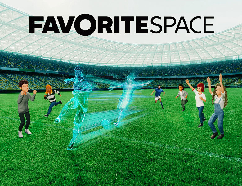 In a virtual soccer field, a real soccer player, a digitized player, and a 3D modeled player are lined up, surrounded by multiple avatars cheering as they please.“FavoriteSpace” logo is prominently displayed at the top of the image.