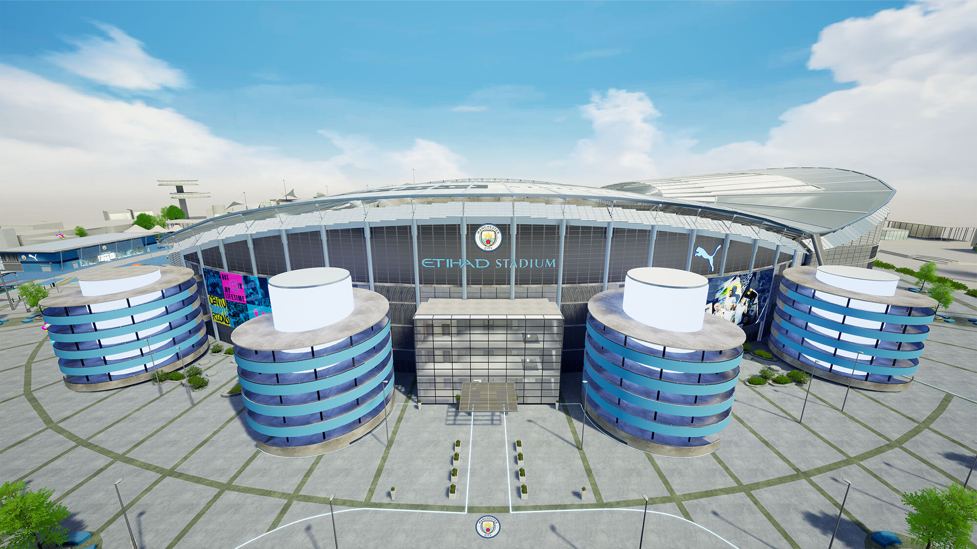 The Etihad Stadium recreated in a virtual space. There are four players wearing Manchester City uniforms standing as large holograms around the stadium.