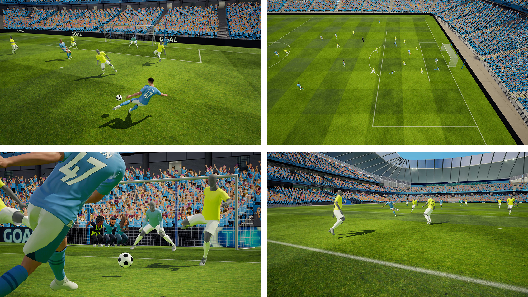 Highlights of soccer matches where users can watch from various perspectives such as an aerial view, the goalkeeper's perspective, and the shooter's perspective.