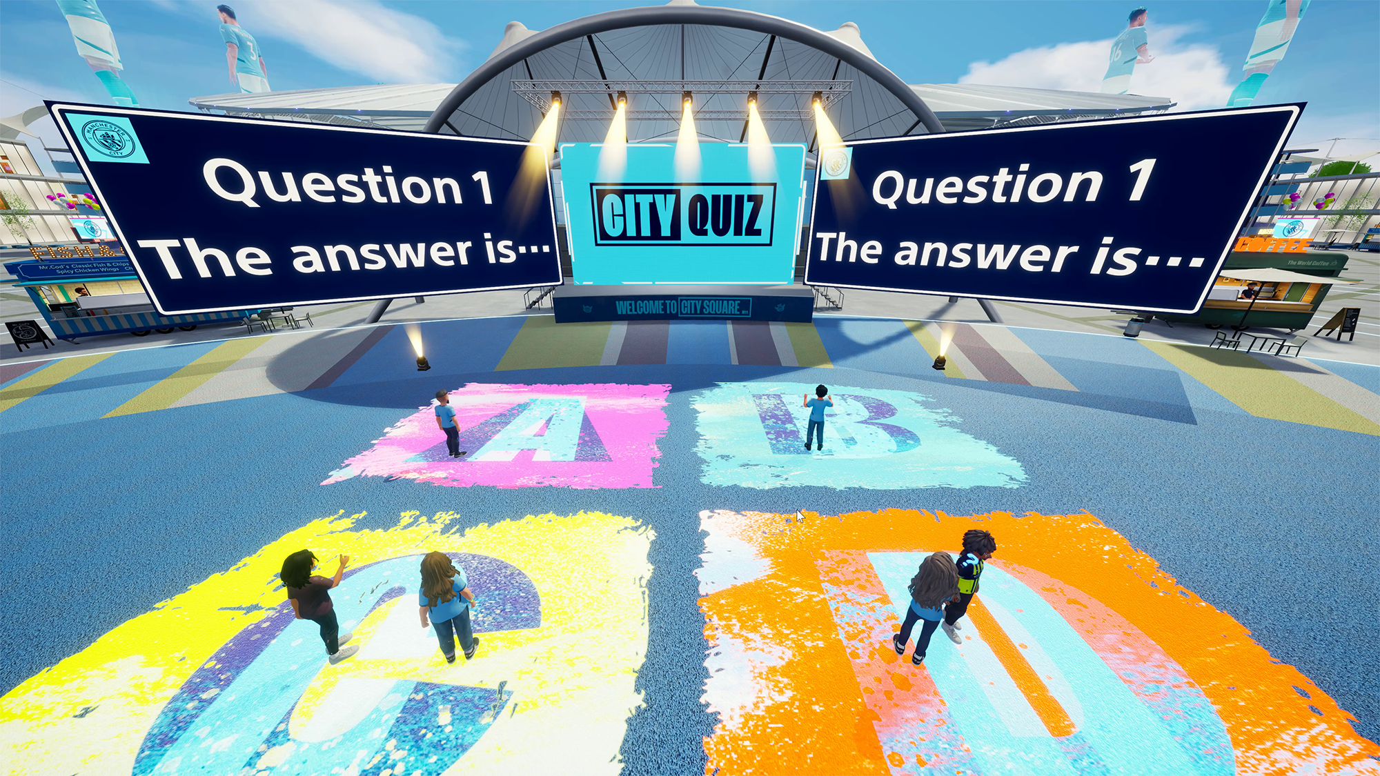 Multiple avatars choosing answers in front of a screen displaying a quiz.