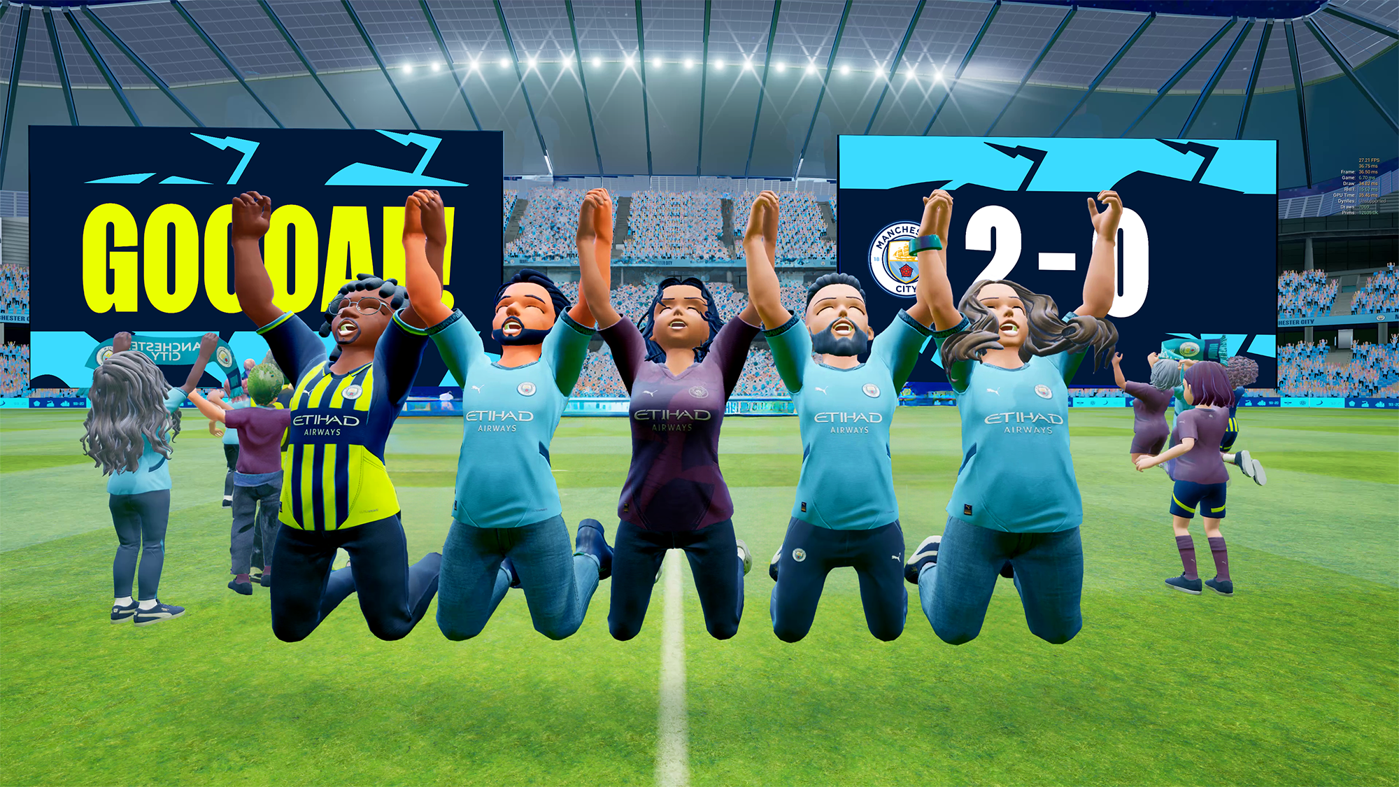 In a virtual soccer field, multiple avatars wearing uniforms are jumping and getting excited during the game.